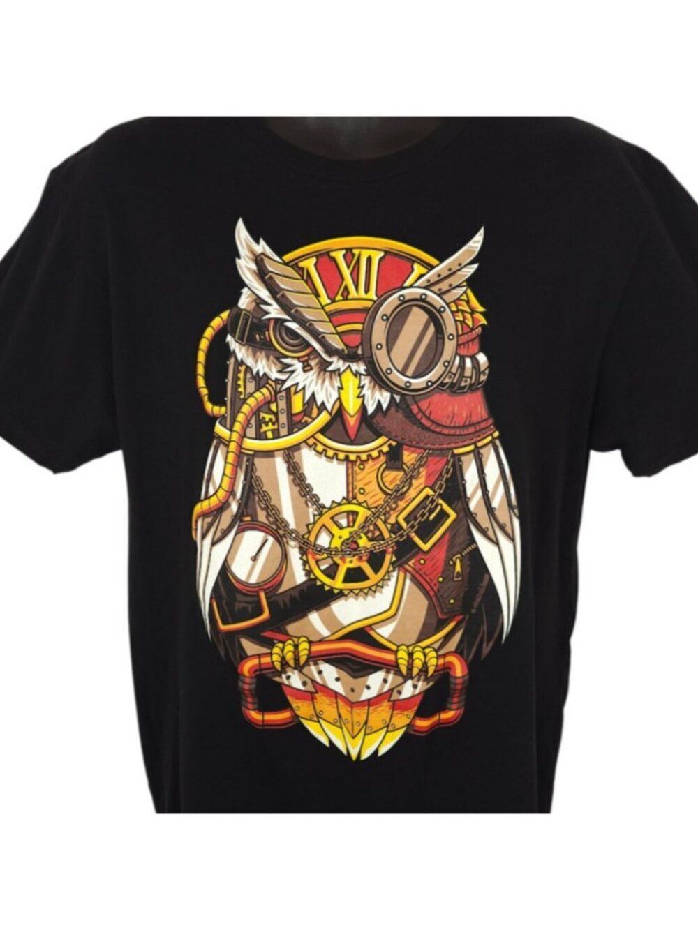 Steampunk Owl T Shirt Mens Size Large Black Retro Futuristic Clockwork Clock